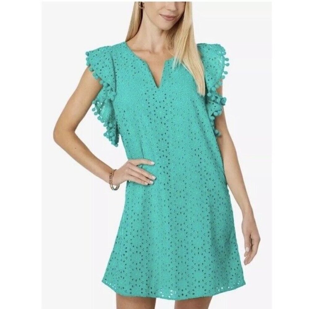 Lilly Pulitzer Astara Dress Eyelet Flutter Sleeve Water Lilly Green NWT Sz M - Picture 2 of 11
